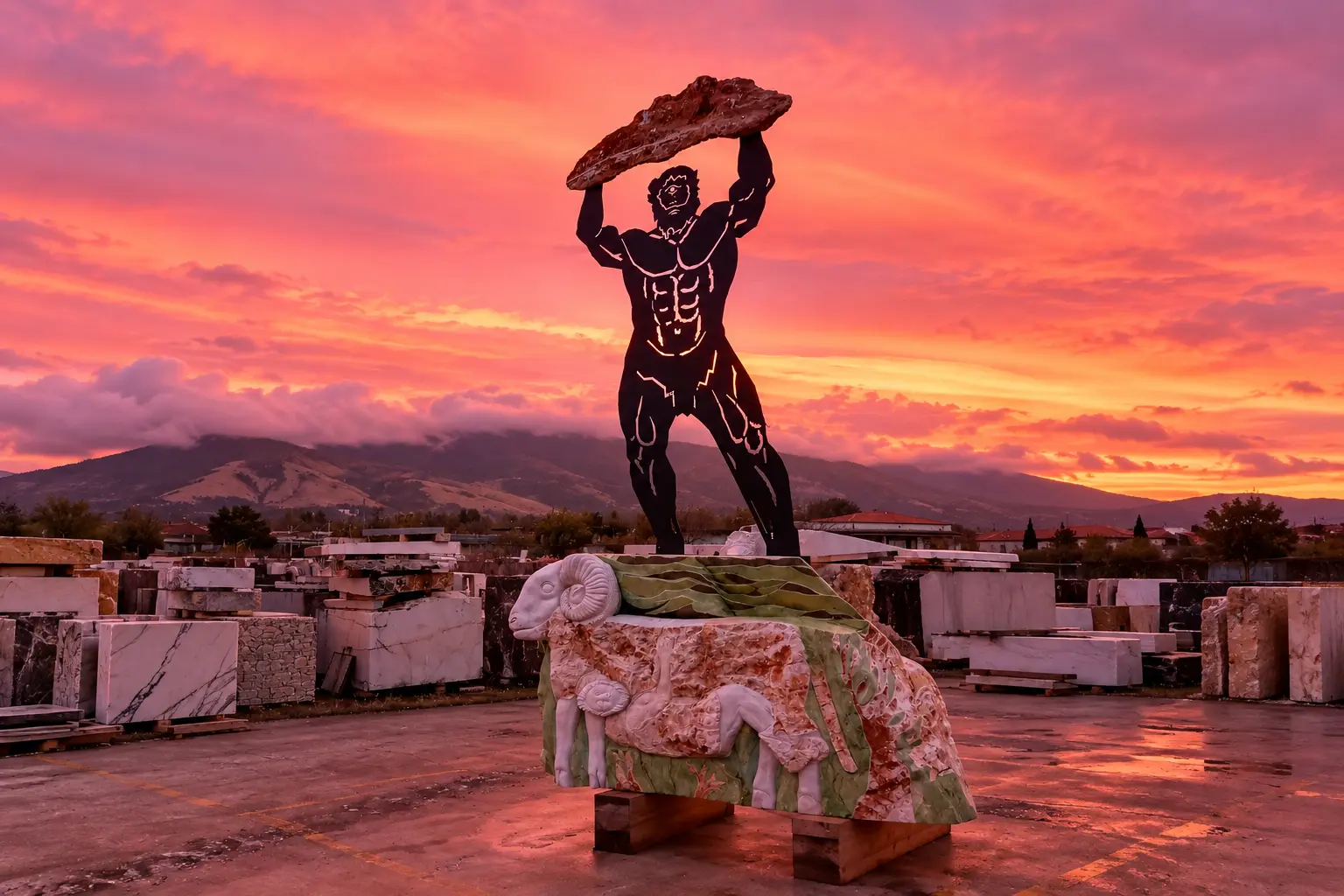 Polifemo, la pecora e Ulisse, opera scultorea di Giovanni Cancellaro ispirata all’Odissea, fotografata al tramonto
