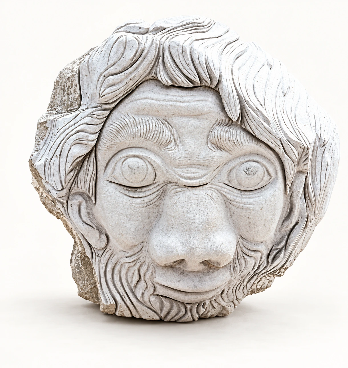 Volto, scultura figurativa in pietra di Giovanni Cancellaro, su fondo neutro