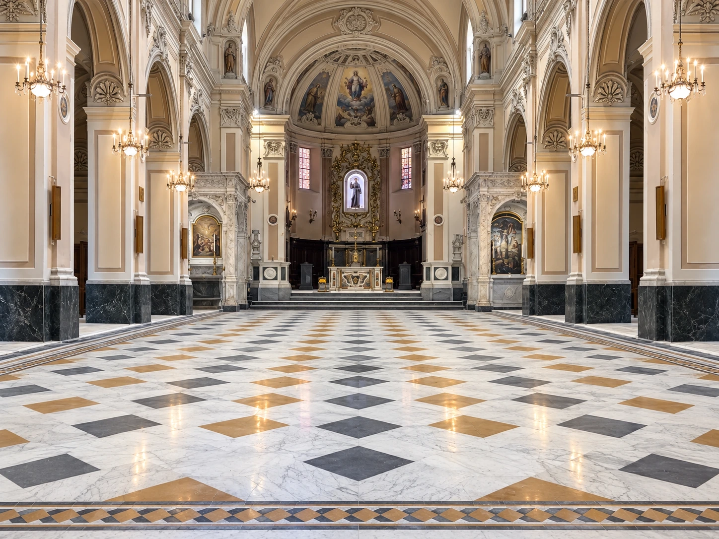 Veduta completa dell’interno della Chiesa di San Francesco a Maiori durante i lavori di rifacimento e restauro
