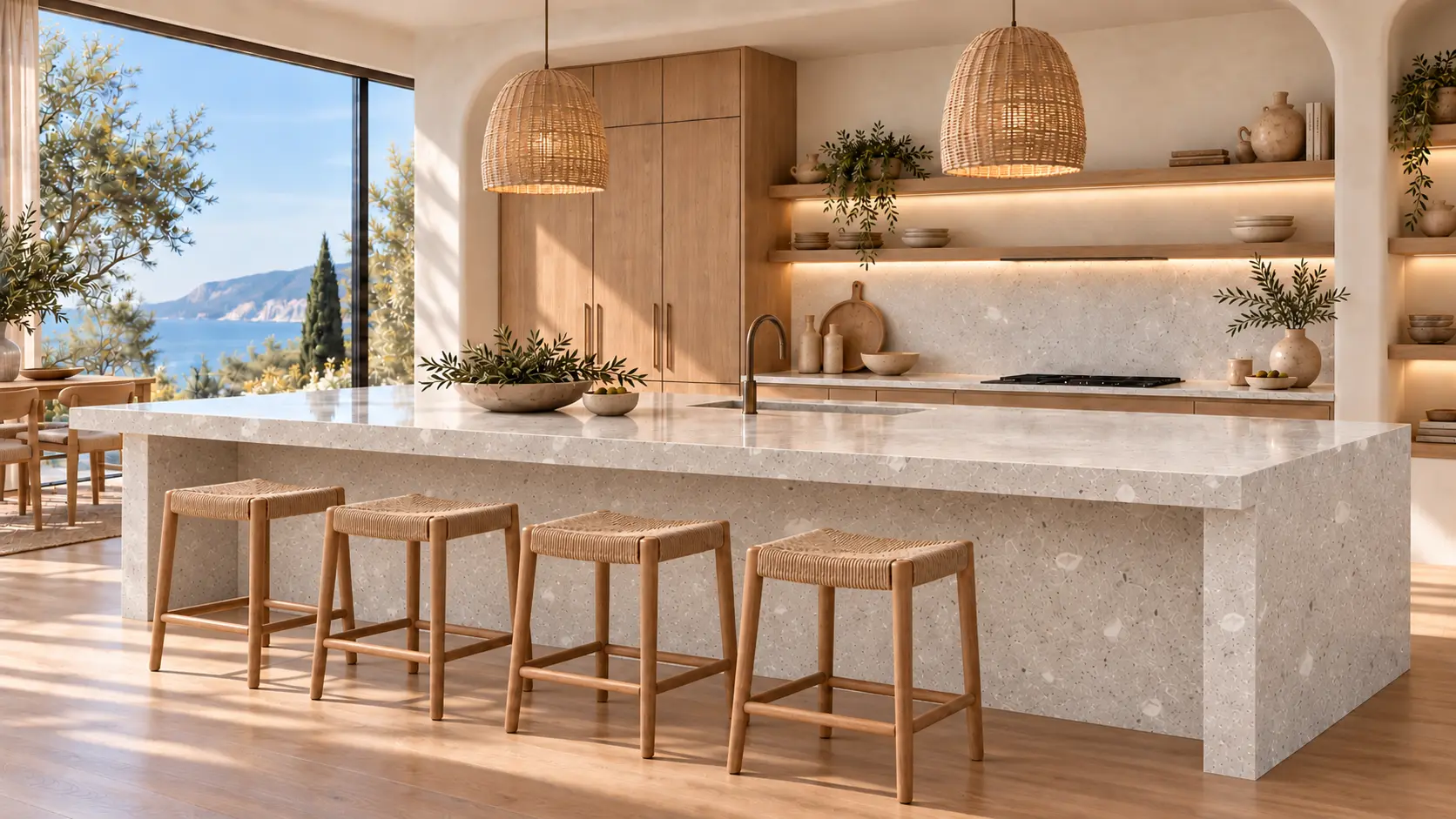 Pietra Bianca degli Angeli lucida Polished applicata a un'isola cucina